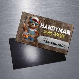 Handyman Bear Carpenter House Repair Service Wood Magnetic Business Card