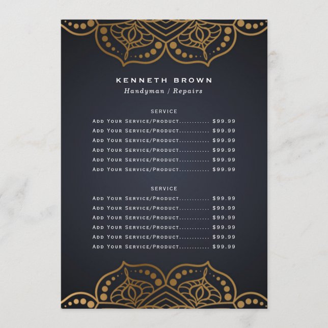 Handyman Black Gold Price List Menu (Front)