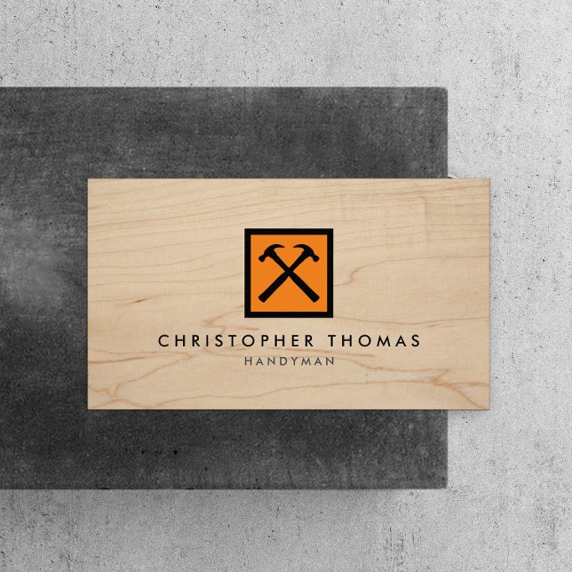 Handyman, Carpenter, Builder Orange Logo on Wood Business Card (Creator Uploaded)