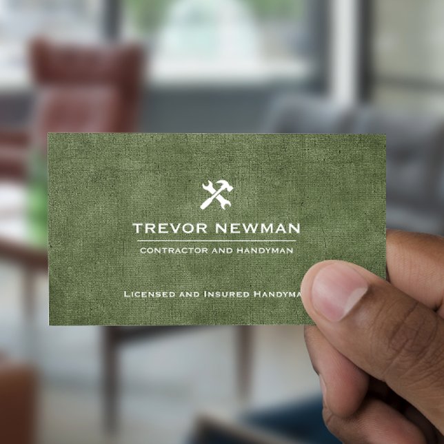 Handyman Carpenter Construction Grunge Olive Green Business Card (Creator Uploaded)
