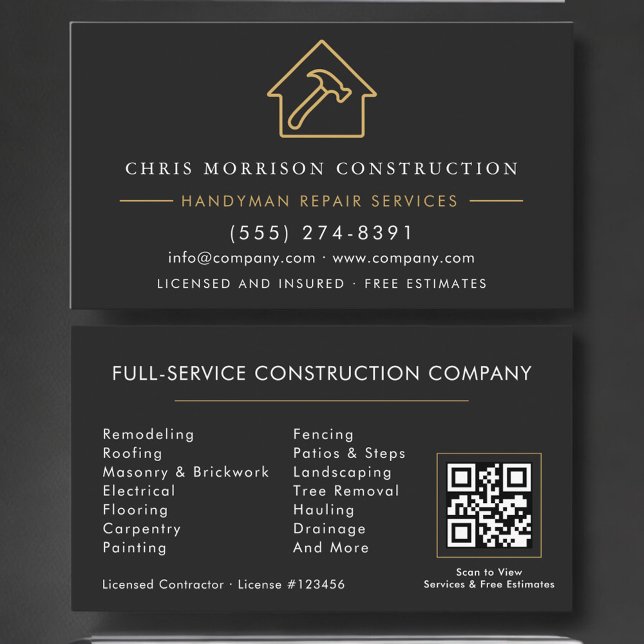 Handyman Construction Black Gold QR Code Business Card (Creator Uploaded)