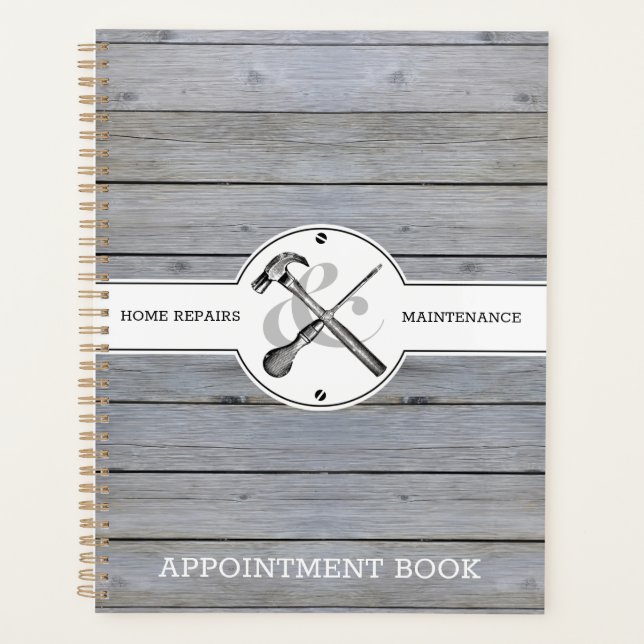 Handyman Construction Business Rustic Grey Wood Planner (Front)