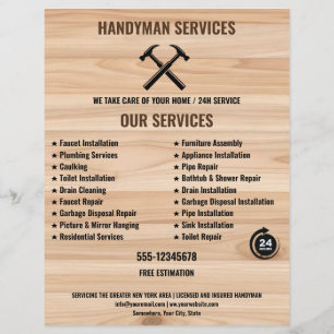 Handyman Contractor Rustic Wood Hammer Logo Flyer