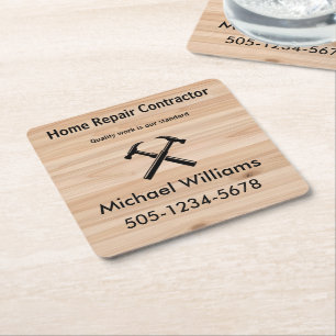 Handyman Contractor Rustic Wood Hammer Logo Square Paper Coaster