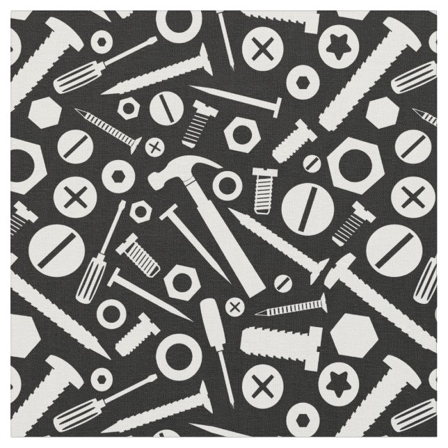 Handyman DIY Mister Fixit Hammer Nuts Bolts Tools Fabric (Close Up)