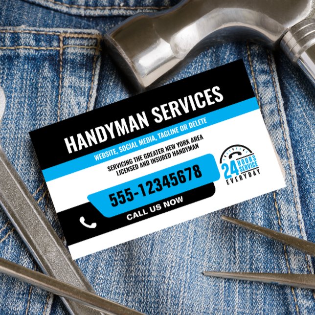 HANDYMAN FIX IT GUY URGENT REPAIR  BLACK Blue Business Card (Creator Uploaded)