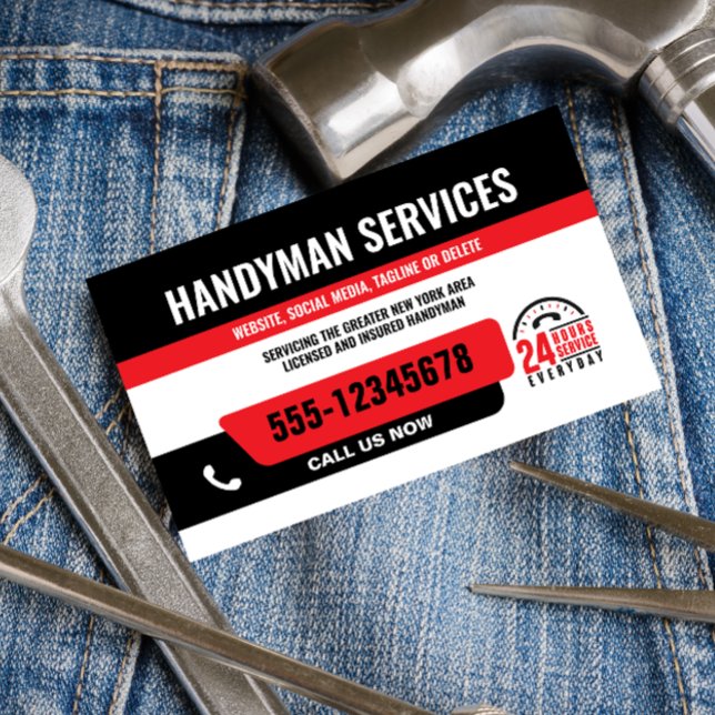 HANDYMAN FIX IT GUY URGENT REPAIR  BLACK RED BUSINESS CARD (Creator Uploaded)