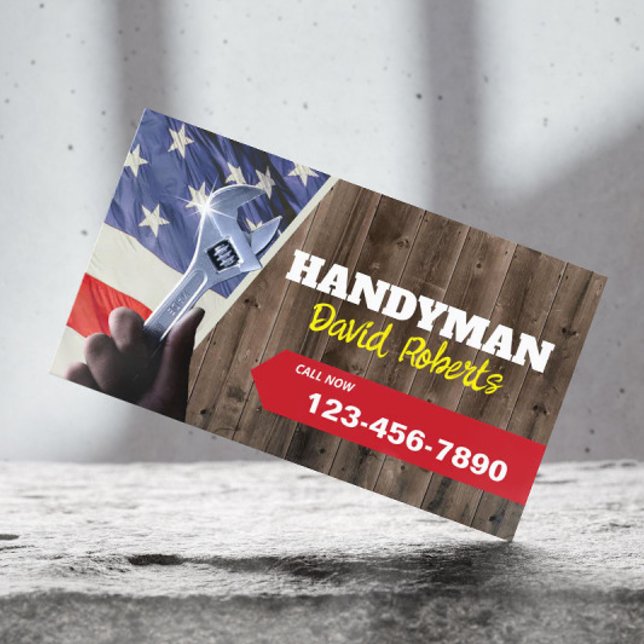 Handyman Maintenance Plumbing Patriotic Wood Business Card (Creator Uploaded)