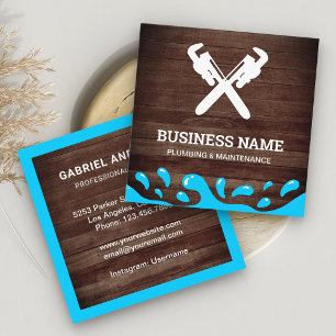 Handyman Plumbing Pipe Wrench Rustic Wood Plumber Square Business Card