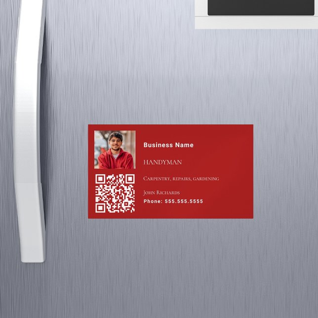 Handyman red white photo QR code Magnetic Business Card (Creator Uploaded)