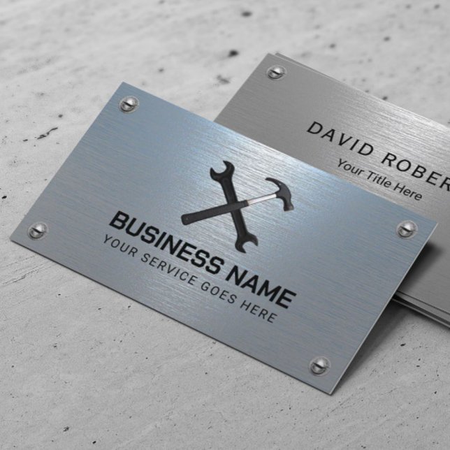 Handyman Repair Maintenance Service Blue Metal Business Card (Creator Uploaded)