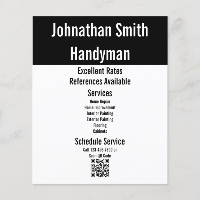 Handyman Services Black and White QR Code Template Flyer (Front)