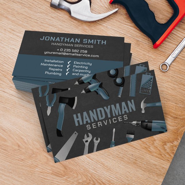 Handyman services blue grey tools business card (Creator Uploaded)