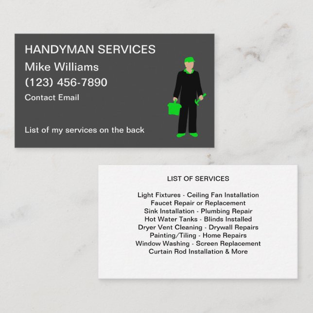 Handyman Services Business Cards List Of Services (Front/Back)