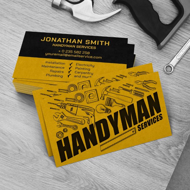 Handyman services yellow tools grunge  business card (Creator Uploaded)