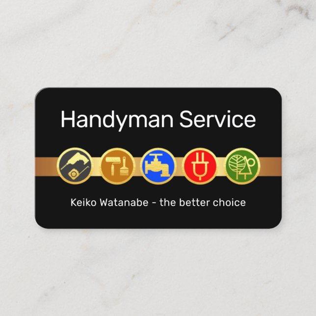 Handyman Tool Icons On Gold Tab Business Card (Front)