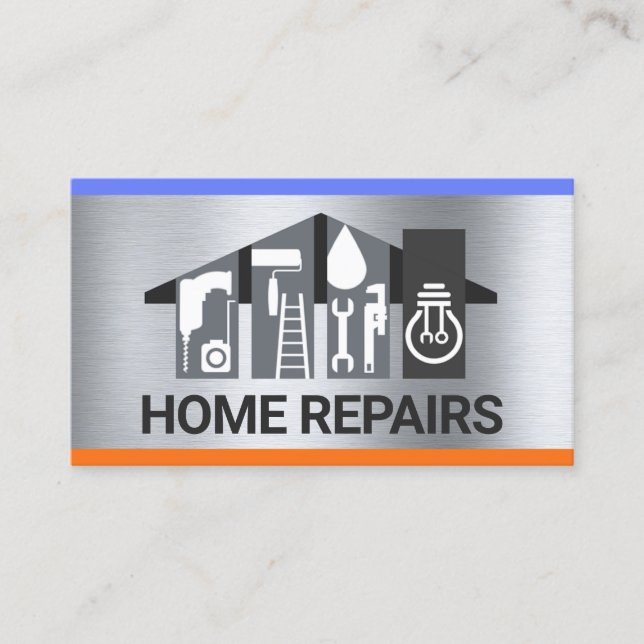 Handyman Tools Building On Silver Business Card (Front)