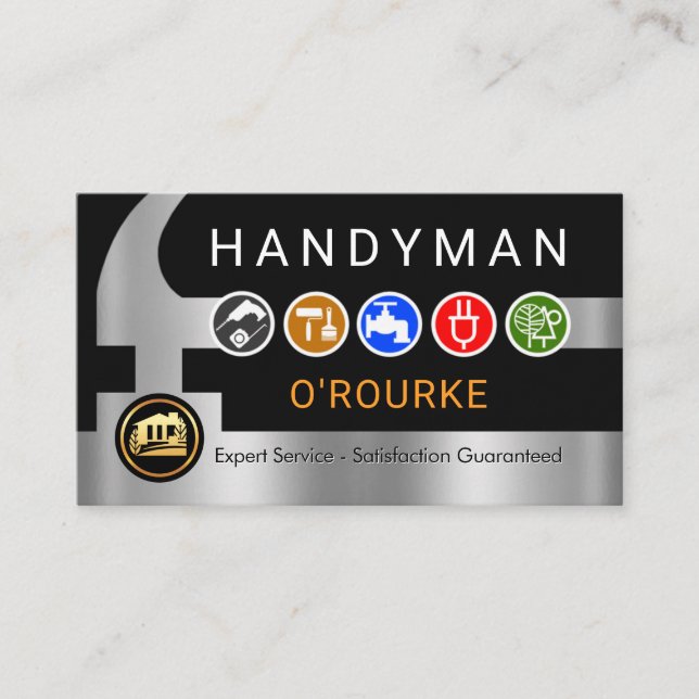 Handyman Tools Icon On Silver Hammer Business Card (Front)