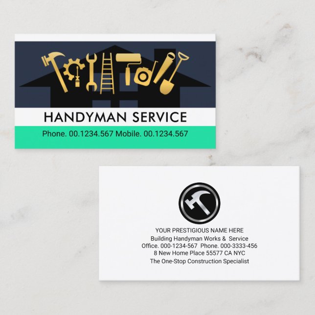 Handyman Tools On Building Rooftop Business Card (Front/Back)