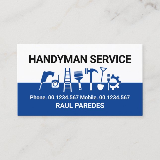 Handyman Tools On White Blue Layers Business Card (Front)
