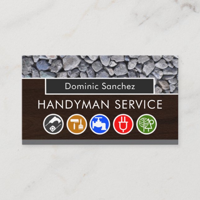 Handyman Tools On Wood Stone Wall Business Card (Front)