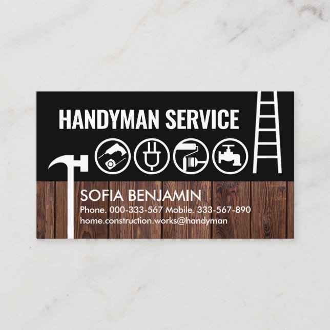 Handyman Tools On Wooden Fence Business Card (Front)