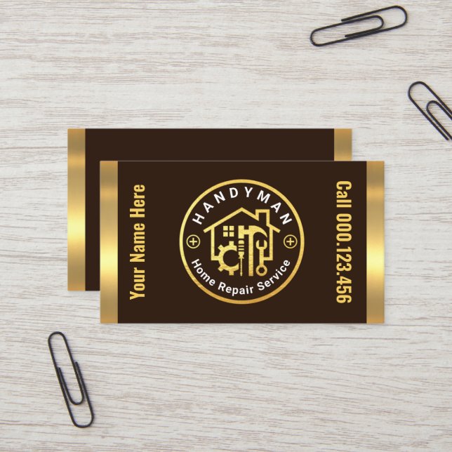 Handyman Tools Placard On Gold Stripes Business Card (Front/Back In Situ)