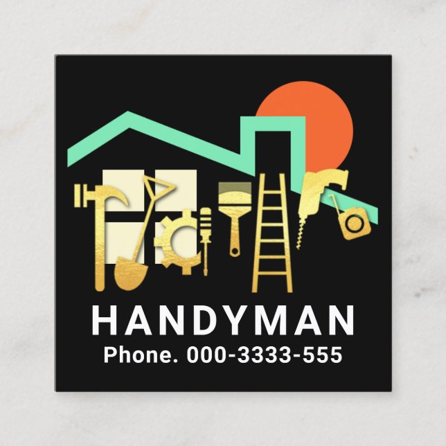 Handyman Tools Rooftop Rising Sun Square Business Card (Front)