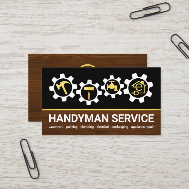 Handyman Tools Sprocket Home Repair Business Card (Front/Back In Situ)