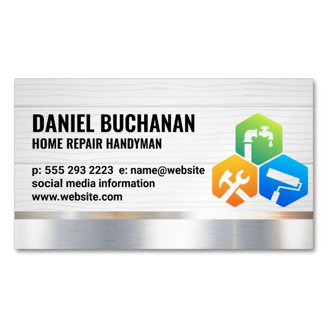 Handyman | Wood Metallic | House Services Magnetic Business Card (Front)