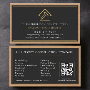 Handyman Wood QR Code Construction Black Gold  Business Card