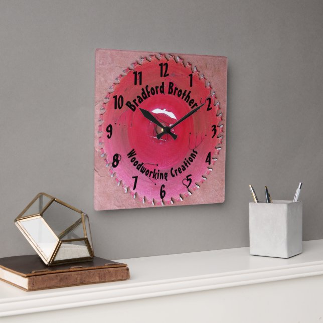Handyman Woodworking Red Saw Blade Custom Name Square Wall Clock (Office)