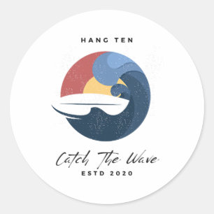 Hang 10 Catch The Waves Surfboard Surf Surfing Classic Round Sticker