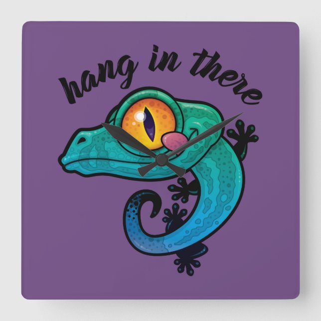 Hang In There Colourful Gecko Square Wall Clock (Front)