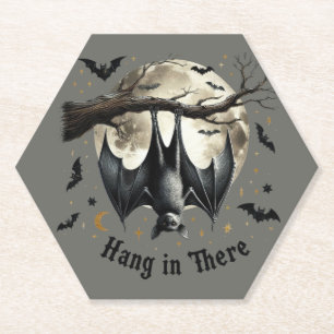 Hang in There Funny Vintage Bat Halloween Paper Coaster