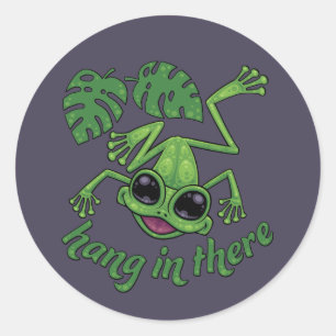 Hang In There Happy Green Tree Frog Classic Round Sticker