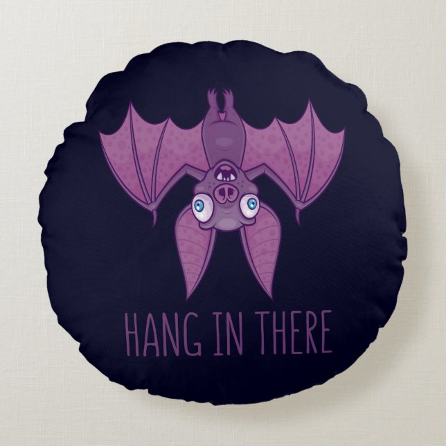 Hang In There Wacky Vampire Bat Round Cushion (Front)