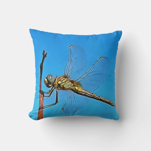Hang On Artistic Dragonfly Against Cerulean Blue Cushion (Front)