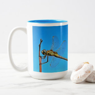 Hang On Artistic Dragonfly Against Cerulean Blue Two-Tone Coffee Mug