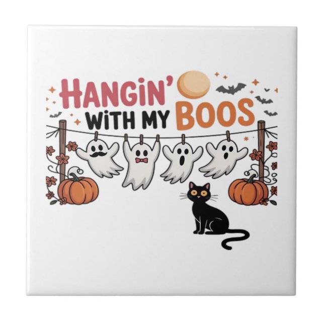 Hangin With My Boos Ghost Holding Black Cat Funny  Ceramic Tile (Front)