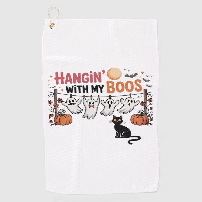 Hangin With My Boos Ghost Holding Black Cat Funny  Golf Towel (Front)
