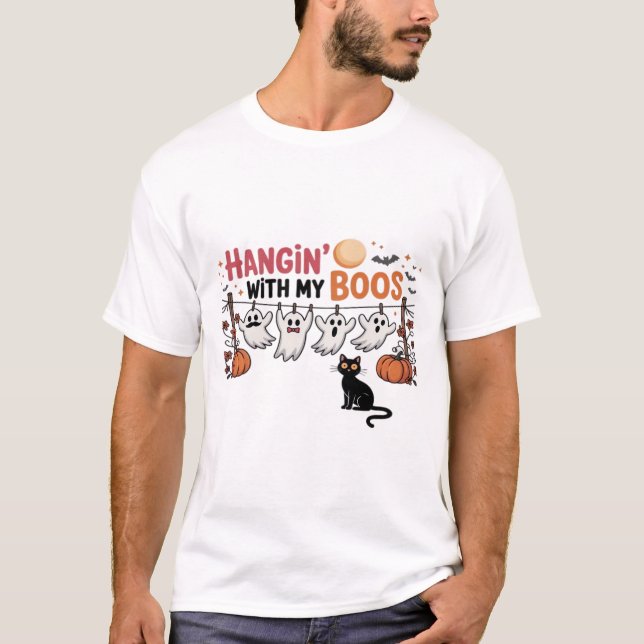 Hangin With My Boos Ghost Holding Black Cat Funny  T-Shirt (Front)