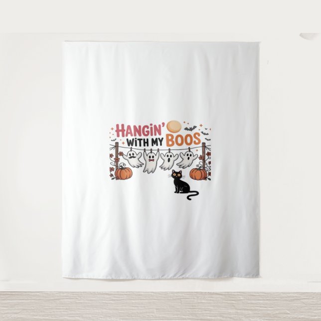 Hangin With My Boos Ghost Holding Black Cat Funny  Tapestry (Front)