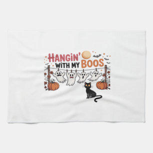 Hangin With My Boos Ghost Holding Black Cat Funny Tea Towel