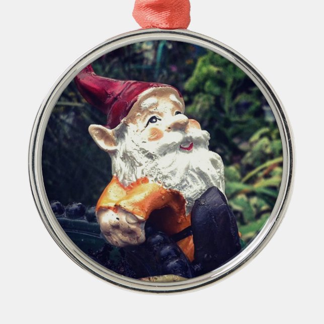 Hanging Around with the gnome in the garden. Metal Ornament (Front)