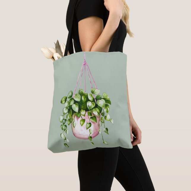 Hanging Basket Greenery Watercolor Tote Bag (Close Up)