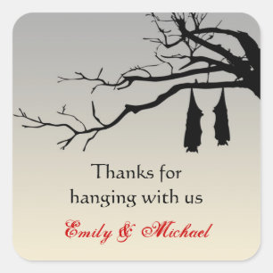 Hanging bats bare branches decay Halloween favour Square Sticker