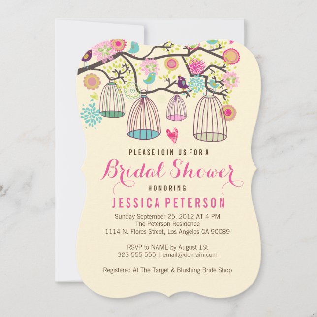 Hanging Bird Cages & Retro Flowers Invitation (Front)