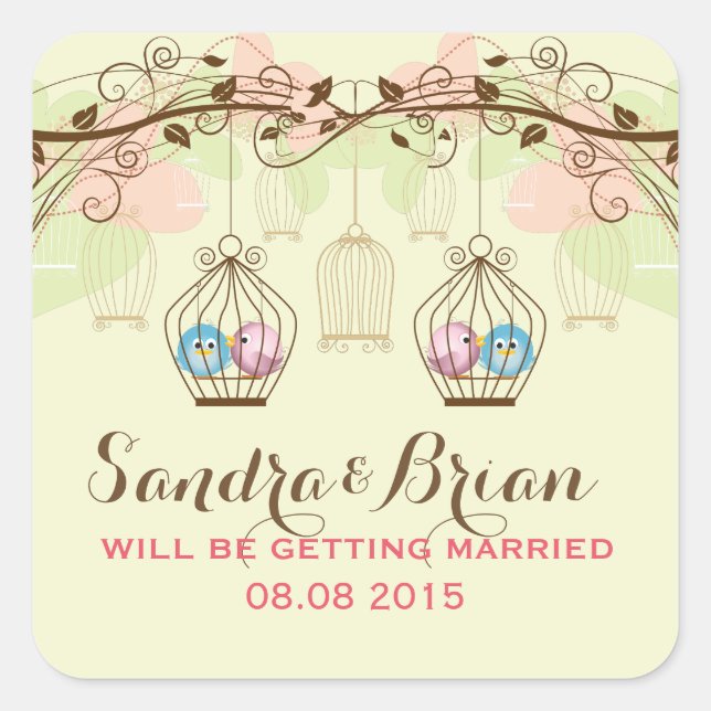 Hanging Bird Cages & Retro Flowers Wedding Sticker (Front)