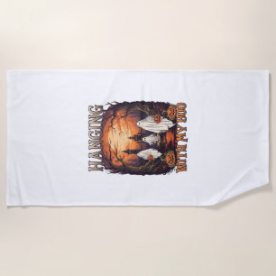 Hanging Boo Halloween Ghosts Pumpkins Full Moon_1 Beach Towel